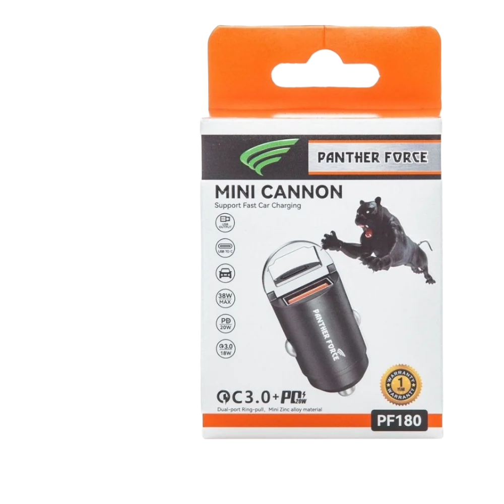 PF180 - Panther Force Mini Car Charger – Type-C + USB-A | 20W Fast Charging | Dual Ports
