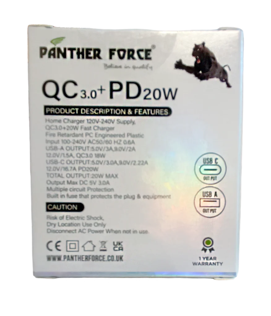 PF162 - Panther Force Straight Pin 20W Plug With USB-C & USB-A