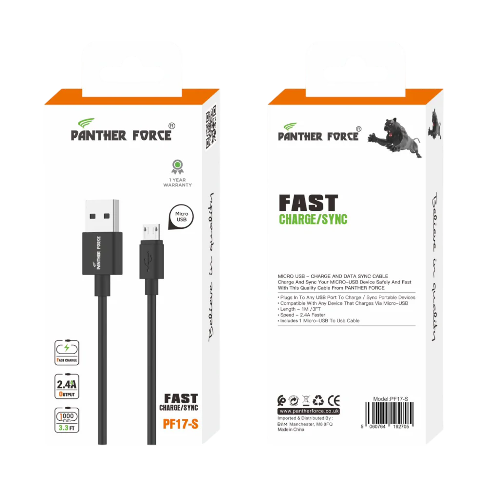 PF17-S - Panther Force Fast Charge & Sync Micro USB Cable – High-Speed Data Transfer